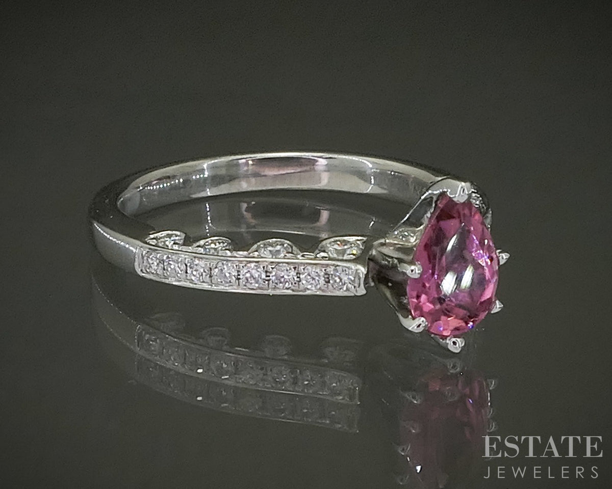 14k White Gold Pear Natural Pink Tourmaline & Diamond Ring 3.5g p31127