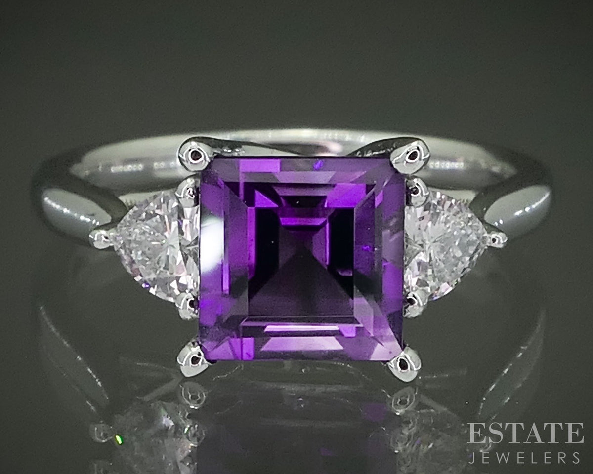 14k White Gold Square Natural Amethyst & Diamond Ladies Ring 3.4g p31129