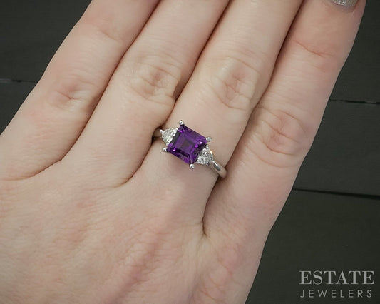 14k White Gold Square Natural Amethyst & Diamond Ladies Ring 3.4g p31129