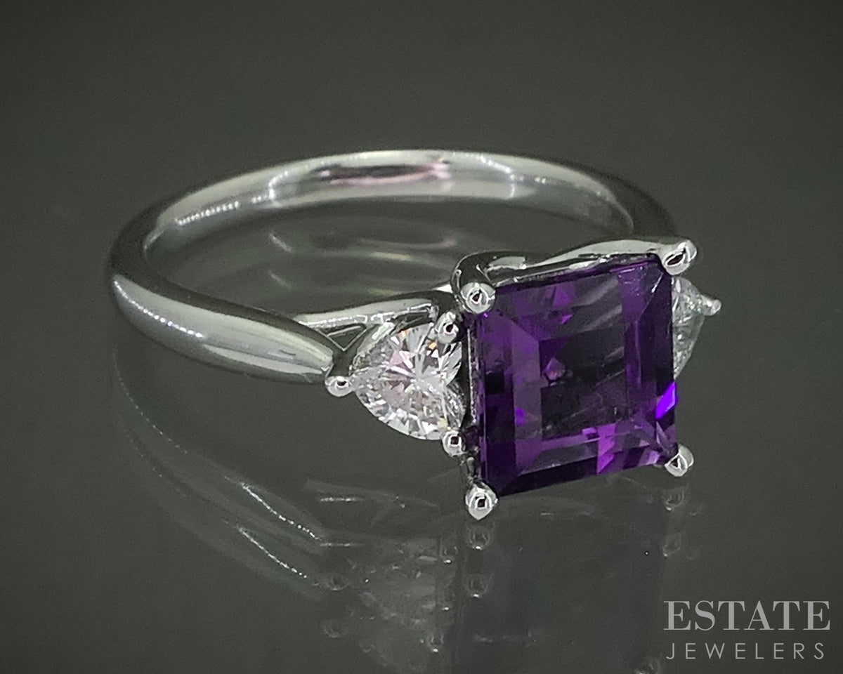 14k White Gold Square Natural Amethyst & Diamond Ladies Ring 3.4g p31129