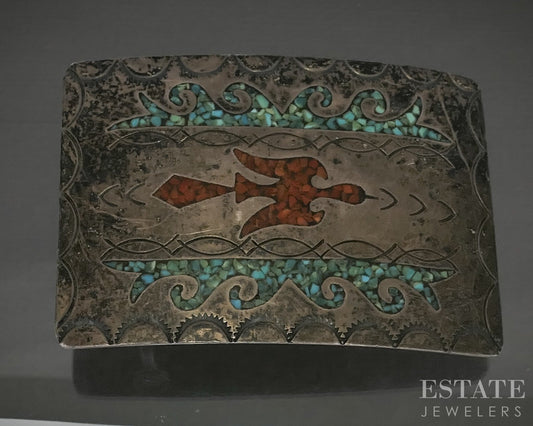 Vintage Sterling Signed Mosaic Turquoise Coral Navajo Belt Buckle 48.8g p31557