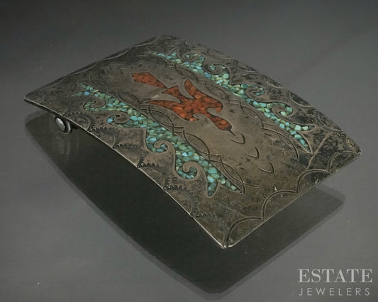 Vintage Sterling Signed Mosaic Turquoise Coral Navajo Belt Buckle 48.8g p31557