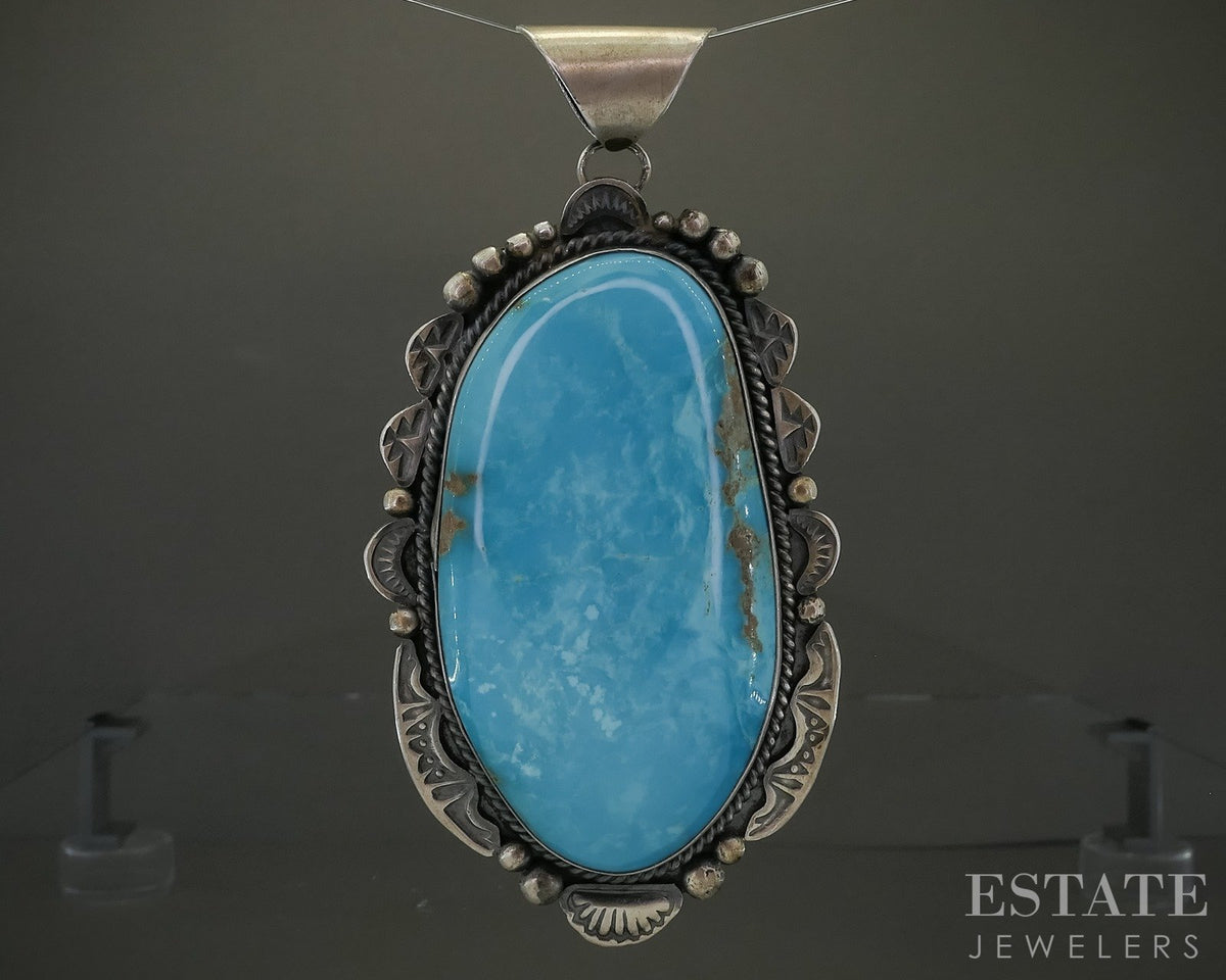 Vintage Sterling Gilbert Tom Webbed Kingman Turquoise Navajo Pendant p31558