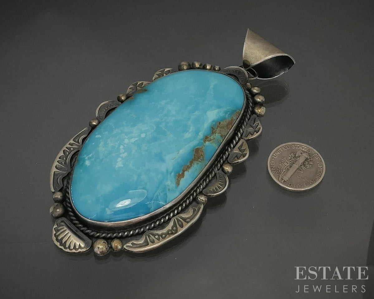 Vintage Sterling Gilbert Tom Webbed Kingman Turquoise Navajo Pendant p31558