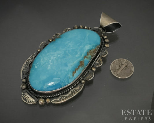 Vintage Sterling Gilbert Tom Webbed Kingman Turquoise Navajo Pendant p31558