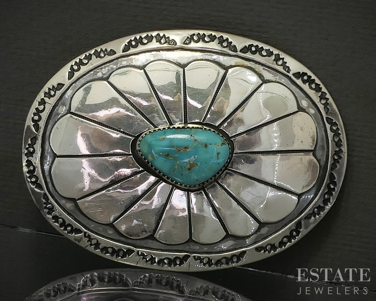 Vintage Sterling Three Hogans Turquoise Navajo Mens Belt Buckle 52g p25317