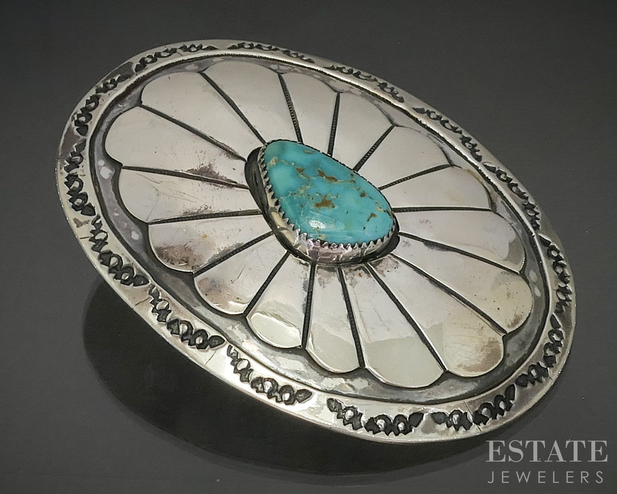 Vintage Sterling Three Hogans Turquoise Navajo Mens Belt Buckle 52g p25317
