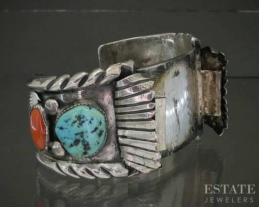 Vintage Sterling Turquoise Coral Juan Martinez Zuni Mens Watch Cuff 108g p25320