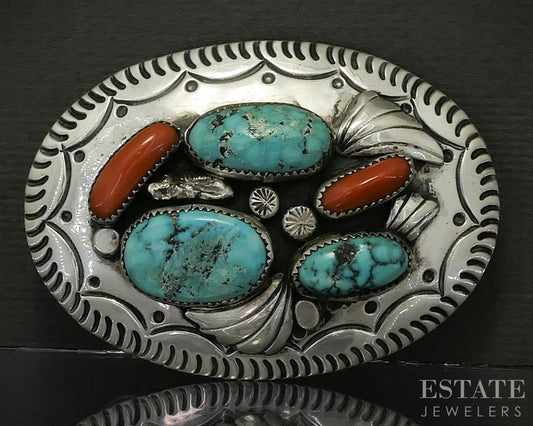 Vintage Sterling Alice Benally Turquoise & Coral Navajo Belt Buckle 67g p25097