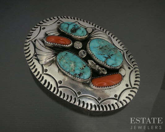 Vintage Sterling Alice Benally Turquoise & Coral Navajo Belt Buckle 67g p25097