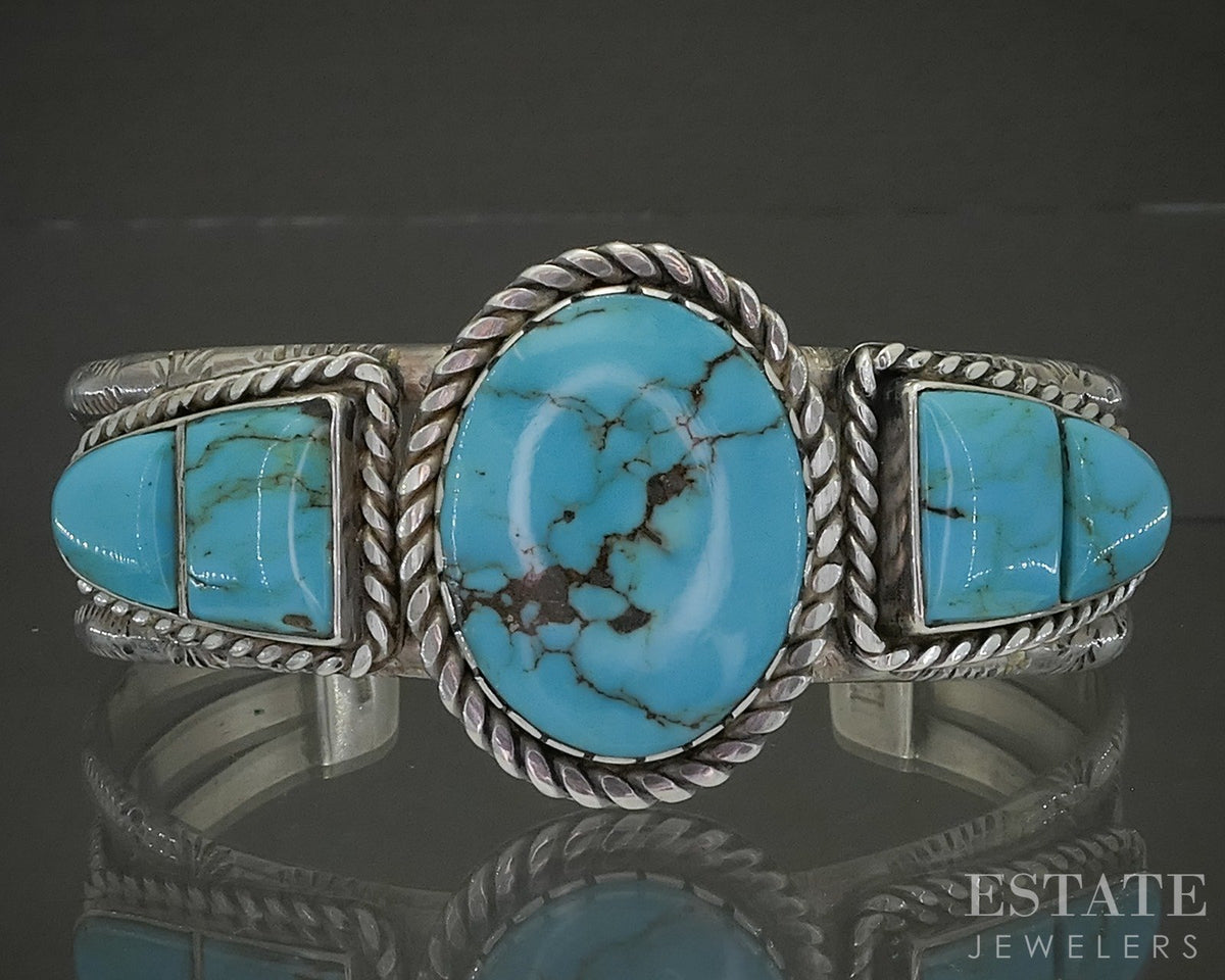 Sterling Navajo Turquoise Fred Harvey Era Signed Cuff Bracelet 61g p25321