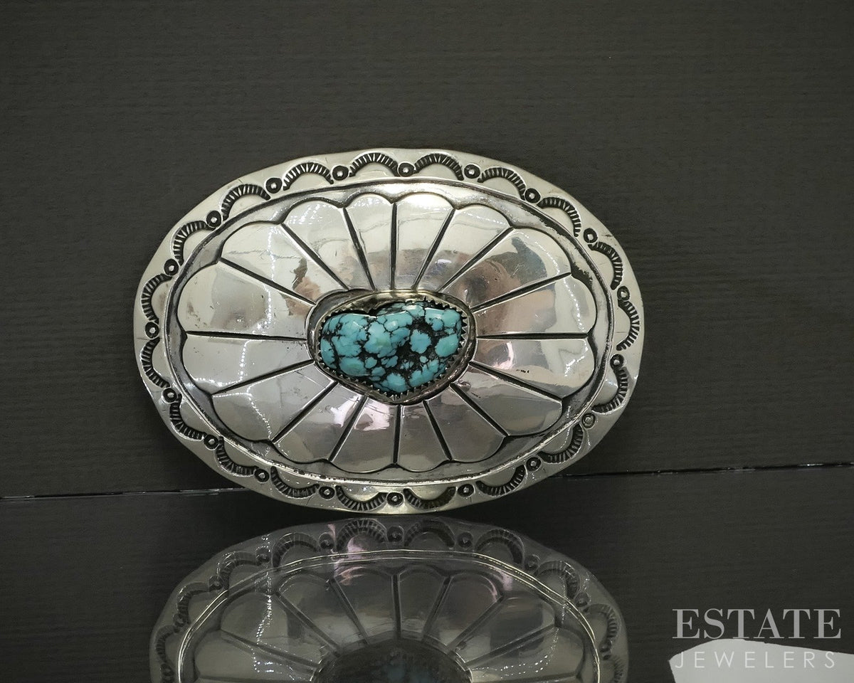 Vintage Sterling Three Hogans Lone Mountain Turquoise Navajo Belt Buckle p25316
