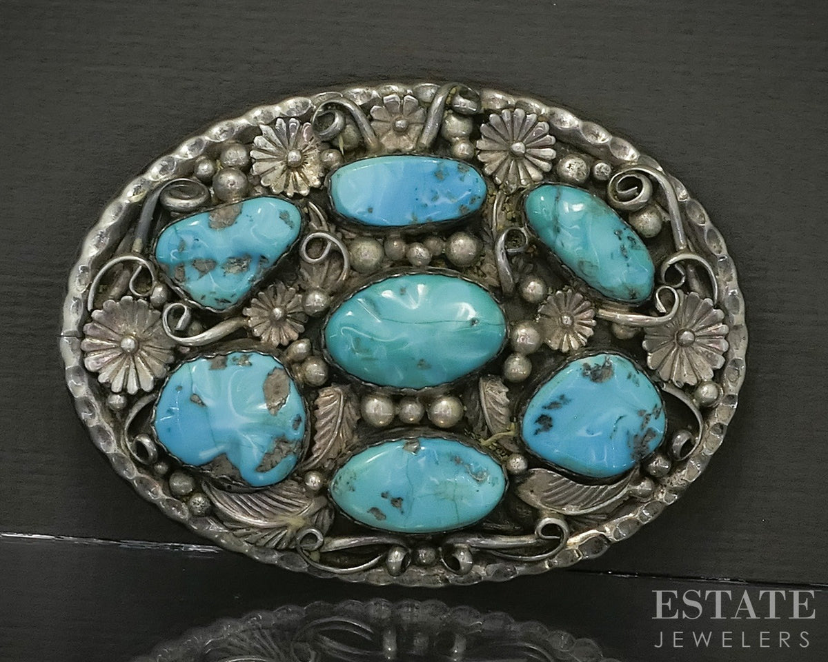 Vintage Sterling Signed ENC Turquoise Navajo Mens Belt Buckle 191g p26334
