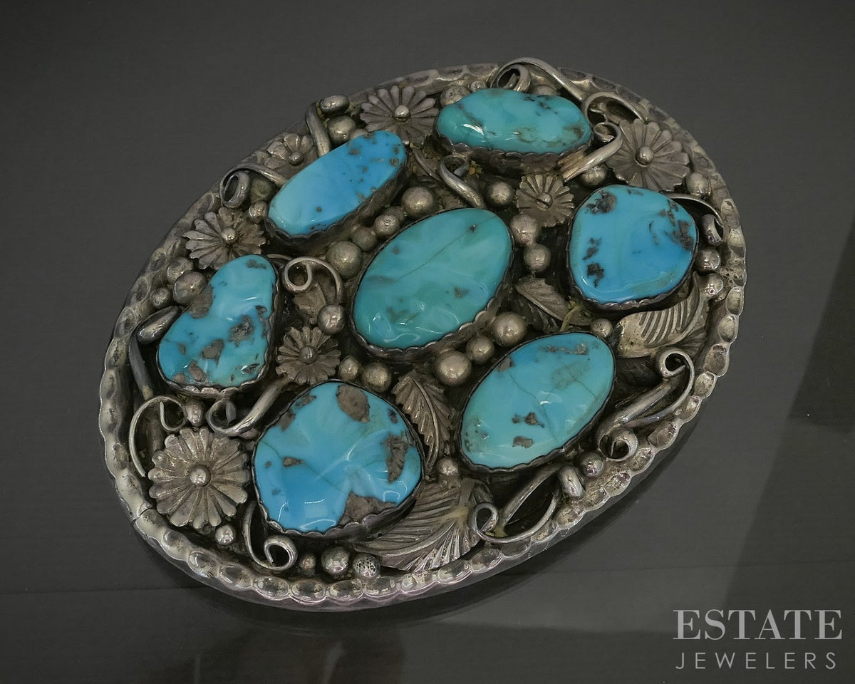 Vintage Sterling Signed ENC Turquoise Navajo Mens Belt Buckle 191g p26334