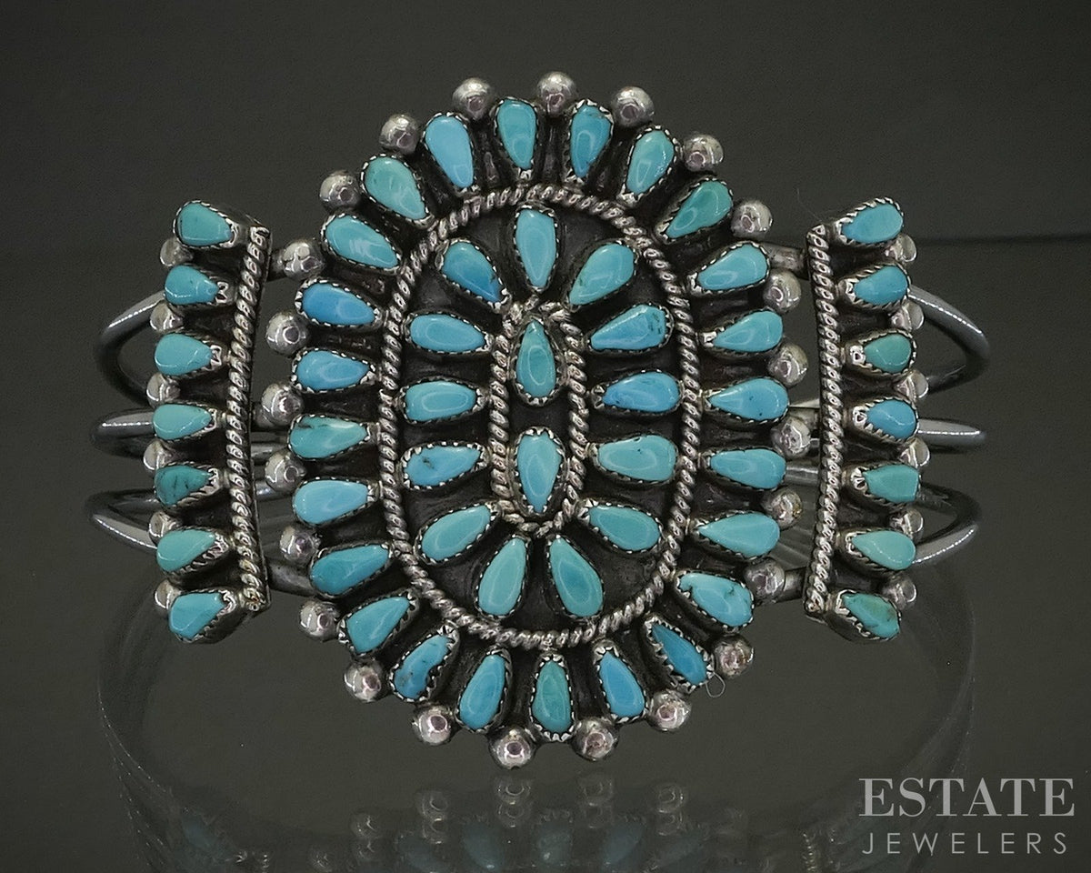 Vintage Sterling Zuni J. Wallace Turquoise Cluster Cuff Bracelet 32g p29338