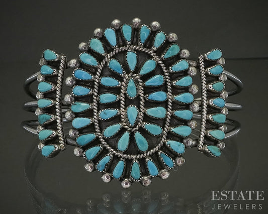 Vintage Sterling Zuni J. Wallace Turquoise Cluster Cuff Bracelet 32g p29338