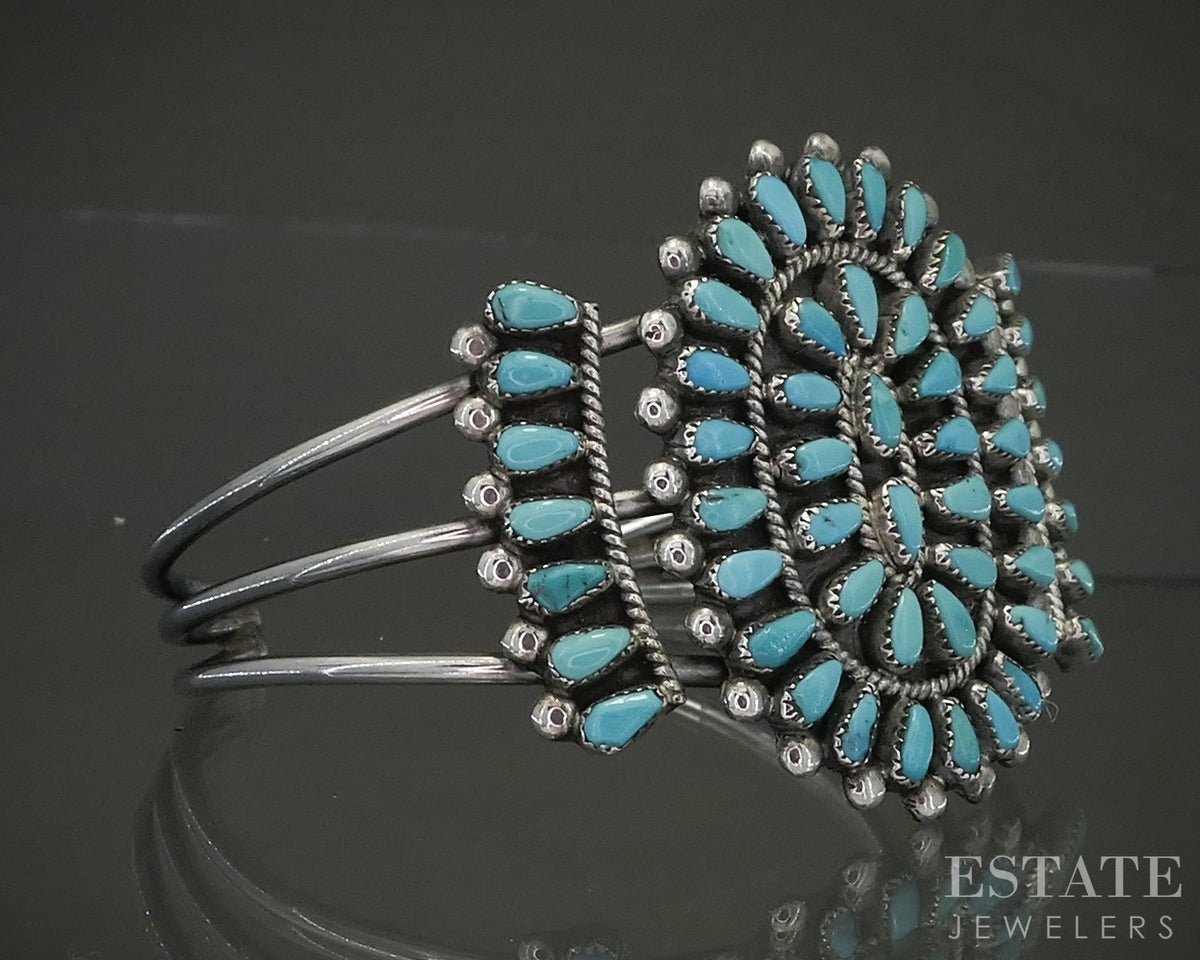Vintage Sterling Zuni J. Wallace Turquoise Cluster Cuff Bracelet 32g p29338