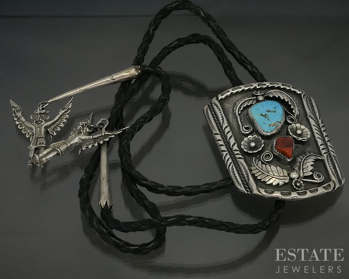 Sterling Natural Turquoise Coral Navajo Eagle Kachina Bolo Tie 112g p25319