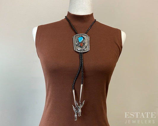 Sterling Natural Turquoise Coral Navajo Eagle Kachina Bolo Tie 112g p25319