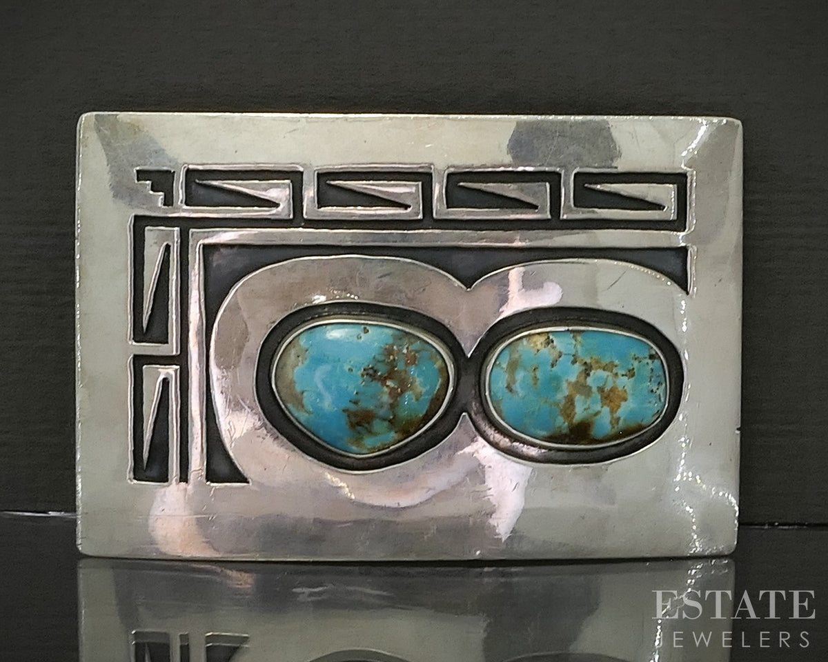 Vintage Sterling Natural Turquoise Willie Yazzie Sr Hopi Belt Buckle 50g p25318