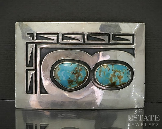 Vintage Sterling Natural Turquoise Willie Yazzie Sr Hopi Belt Buckle 50g p25318