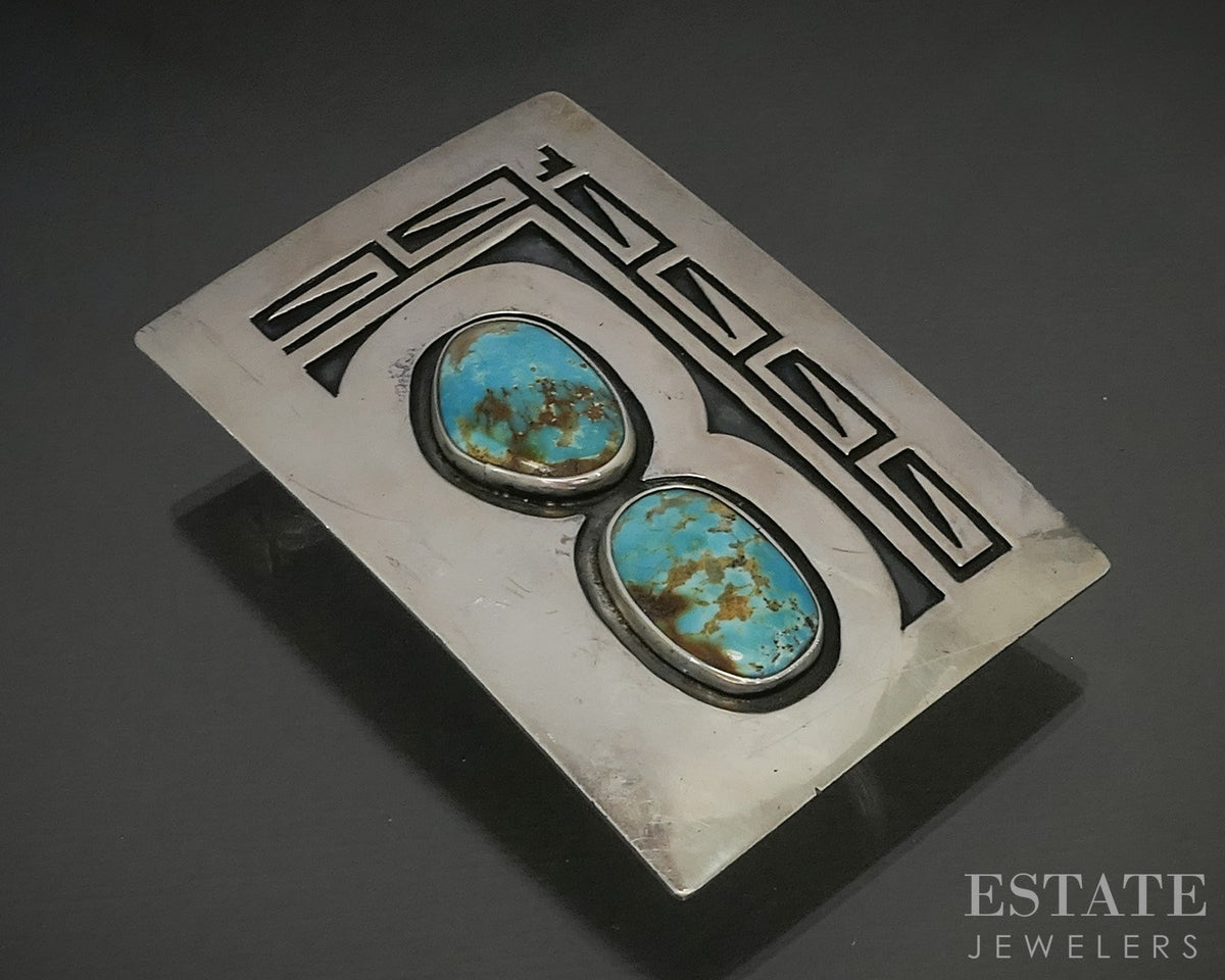 Vintage Sterling Natural Turquoise Willie Yazzie Sr Hopi Belt Buckle 50g p25318