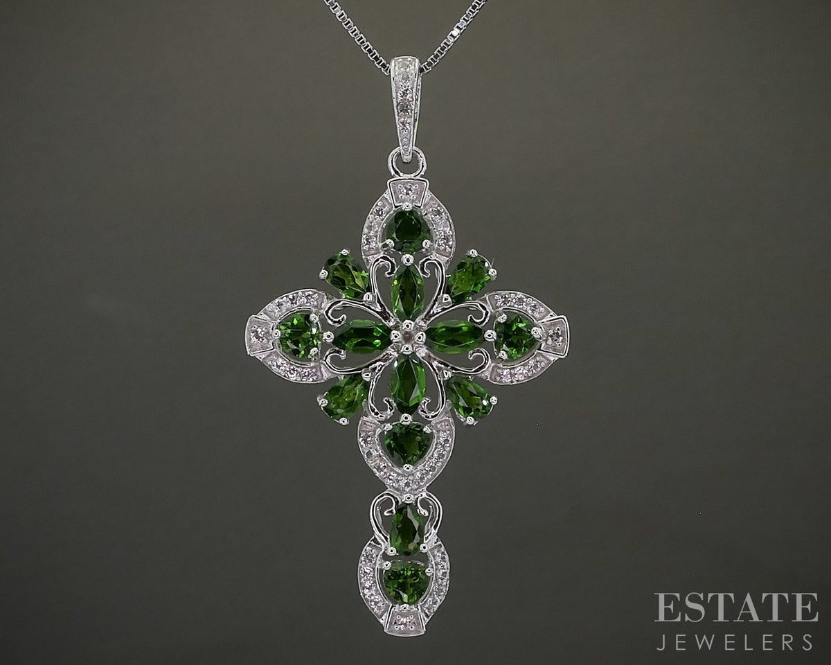 Sterling Natural Chrome Diopside & White Zircon Cross Necklace 8.4g p31580