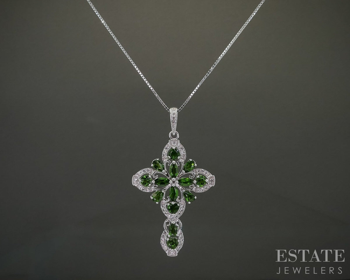 Sterling Natural Chrome Diopside & White Zircon Cross Necklace 8.4g p31580