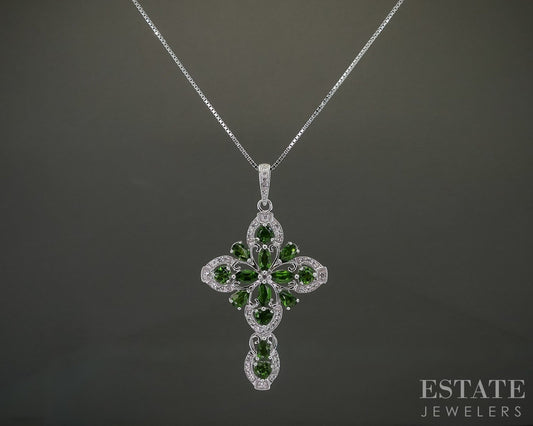 Sterling Natural Chrome Diopside & White Zircon Cross Necklace 8.4g p31580