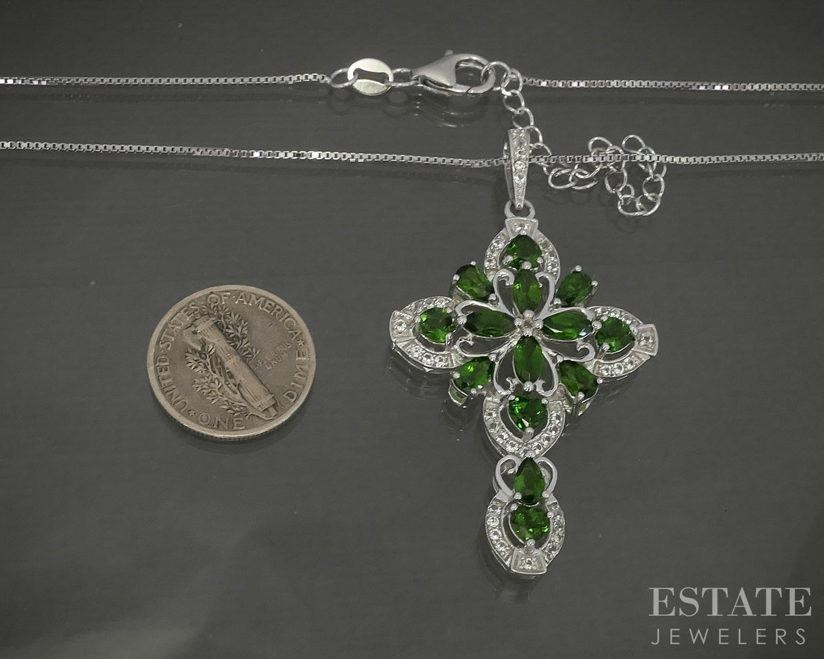 Sterling Natural Chrome Diopside & White Zircon Cross Necklace 8.4g p31580