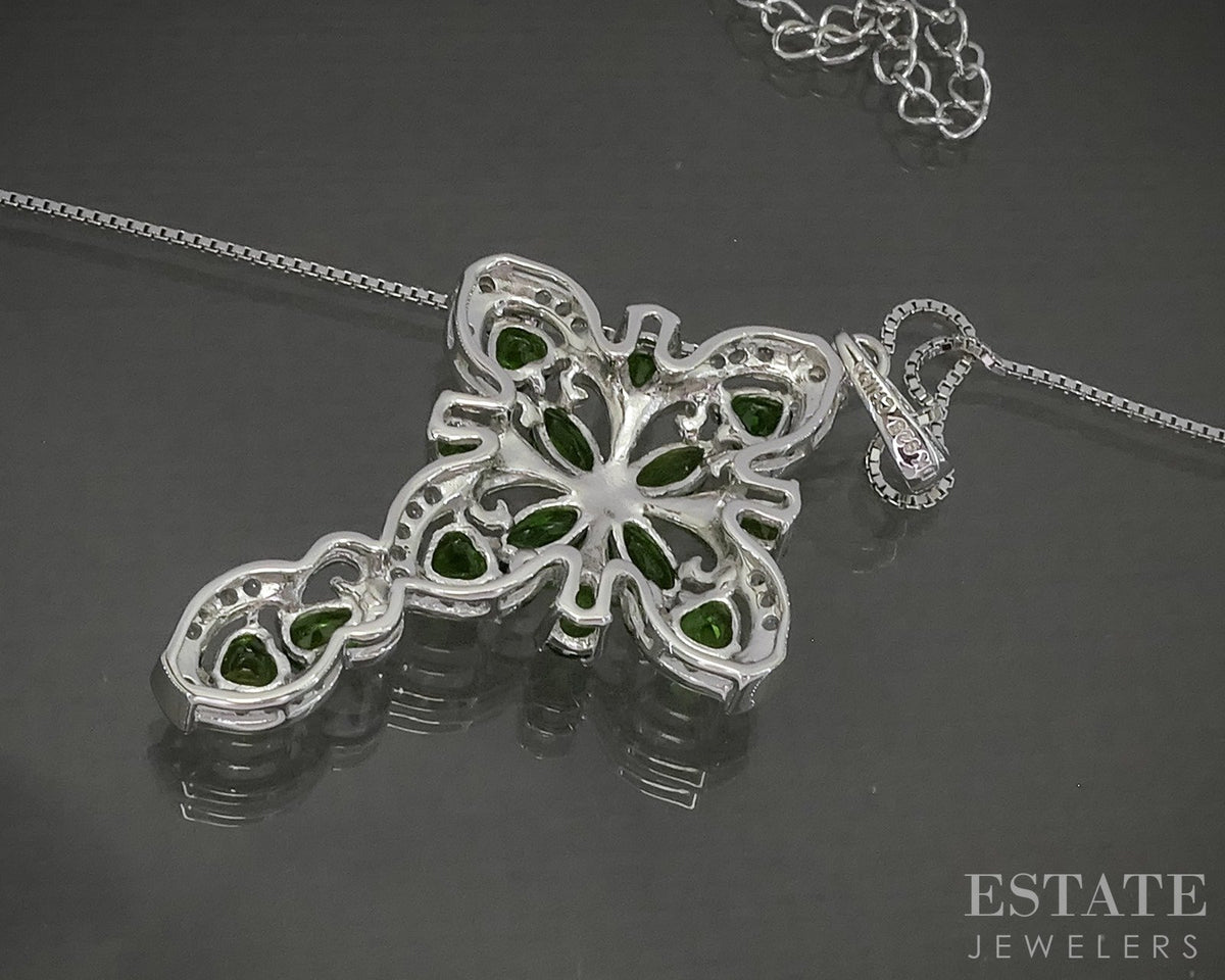 Sterling Natural Chrome Diopside & White Zircon Cross Necklace 8.4g p31580