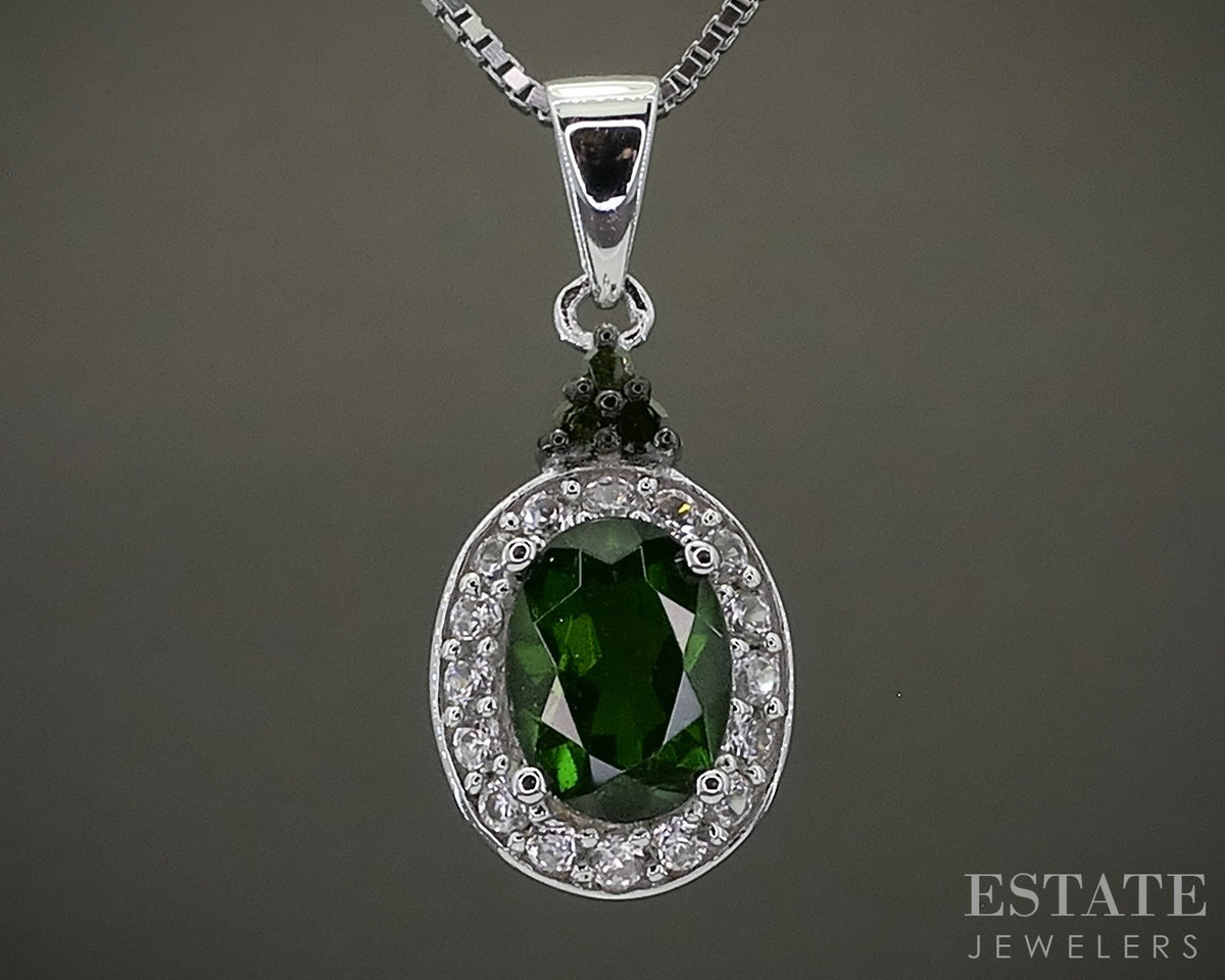 Sterling Natural Chrome Diopside & White Zircon Ladies Necklace 4.9g p31584