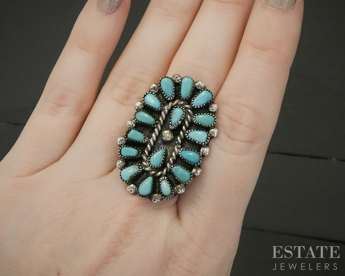 Vintage Sterling Zuni Natural Turquoise Pettit Point Shield Ring 9.7g p29339