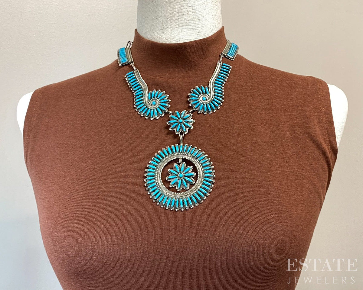 Sterling Natural Turquoise Needlepoint Zuni Charlie John Necklace 18"L p29340