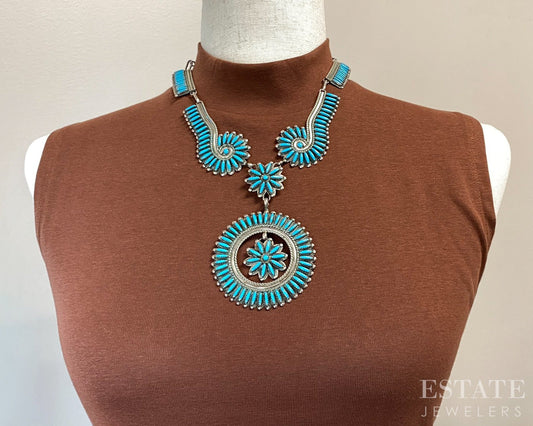 Sterling Natural Turquoise Needlepoint Zuni Charlie John Necklace 18"L p29340