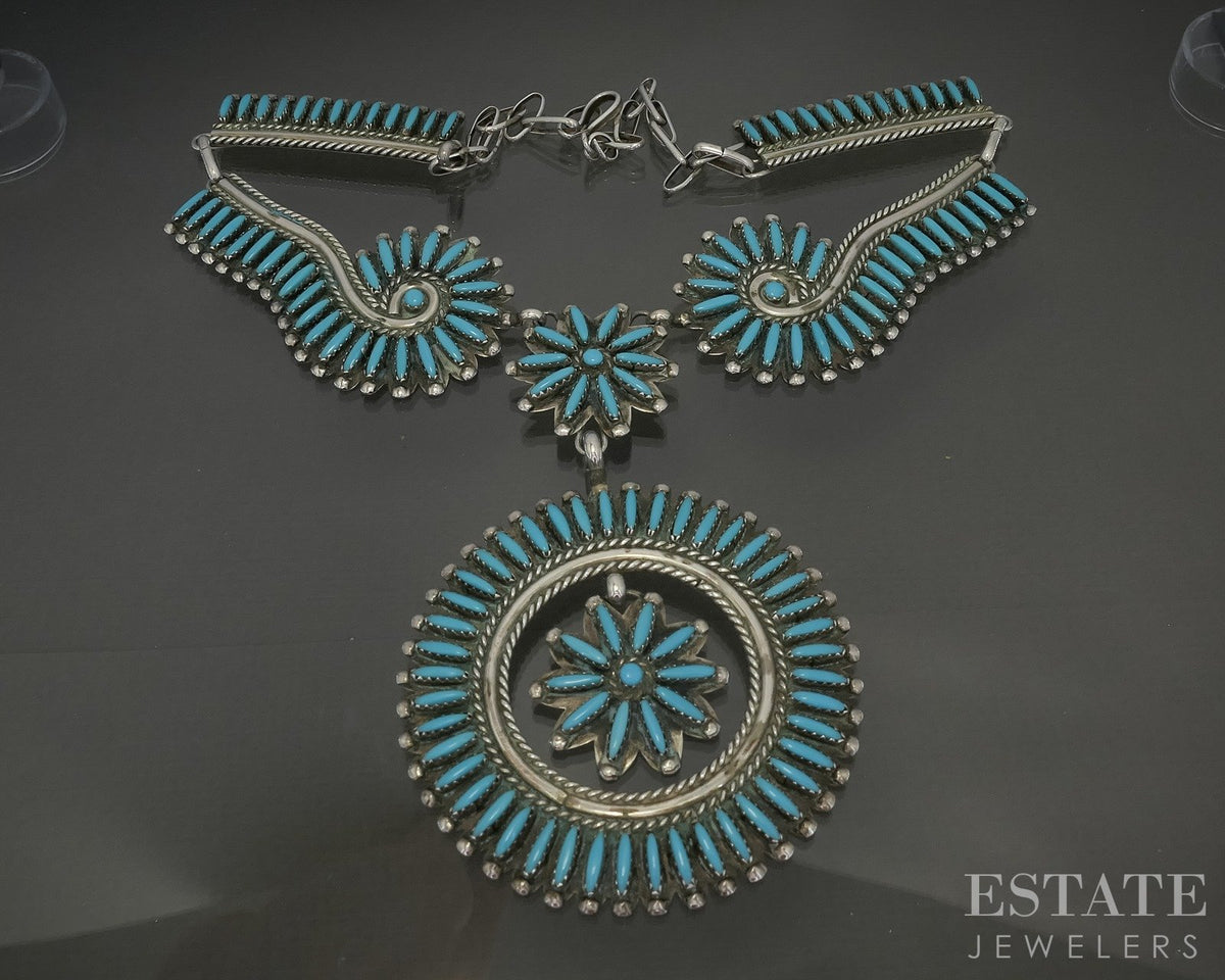 Sterling Natural Turquoise Needlepoint Zuni Charlie John Necklace 18"L p29340