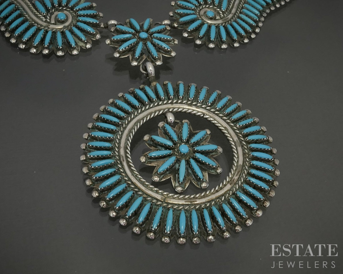 Sterling Natural Turquoise Needlepoint Zuni Charlie John Necklace 18"L p29340