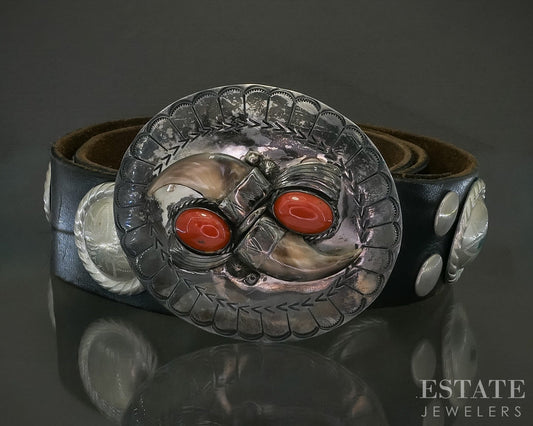 Vintage Sterling Coral Navajo Concho Buckle Brown Leather Belt p31601