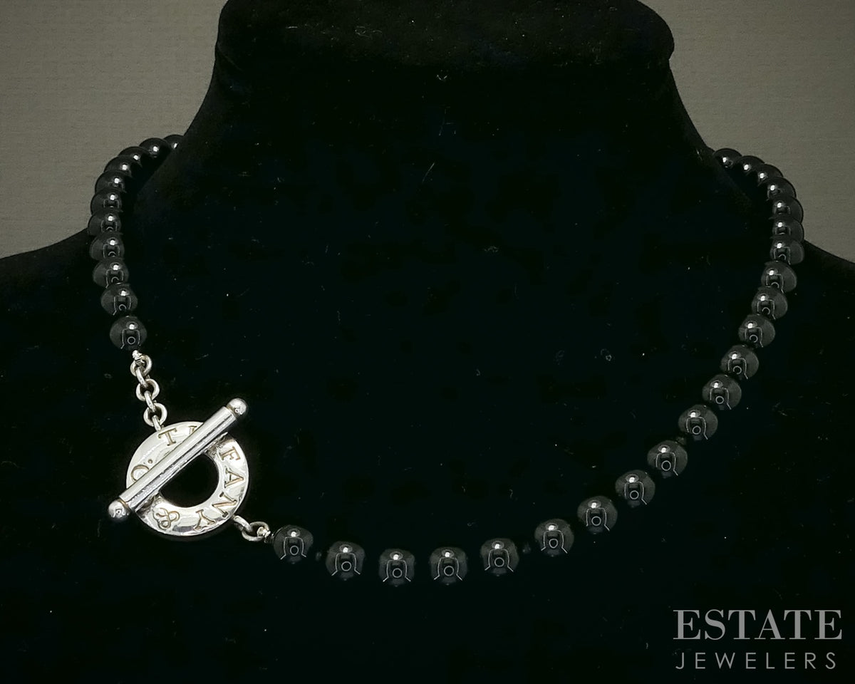Sterling Tiffany & Co. 8mm Natural Black Onyx Beaded Toggle Necklace 17"L p30219