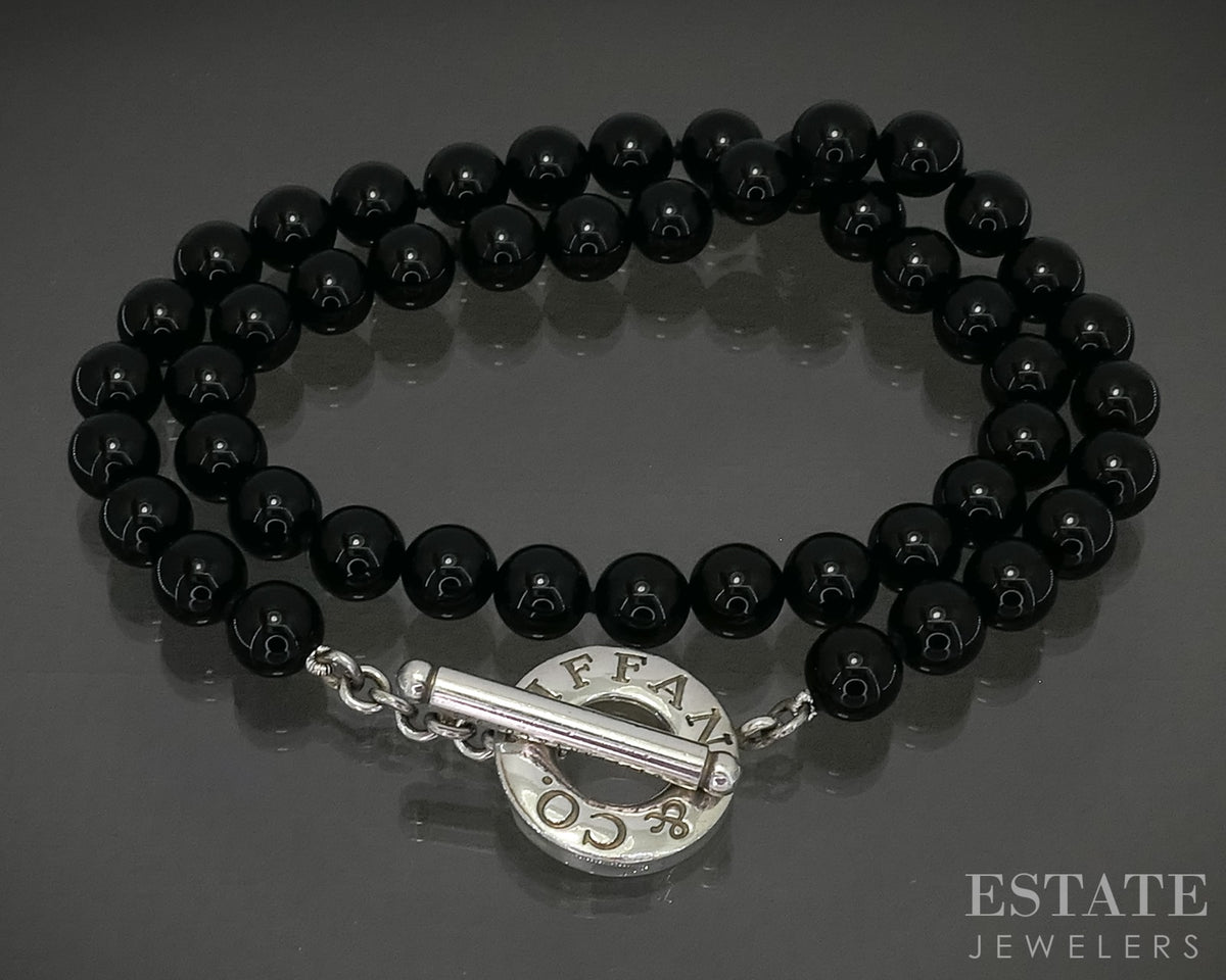 Sterling Tiffany & Co. 8mm Natural Black Onyx Beaded Toggle Necklace 17"L p30219