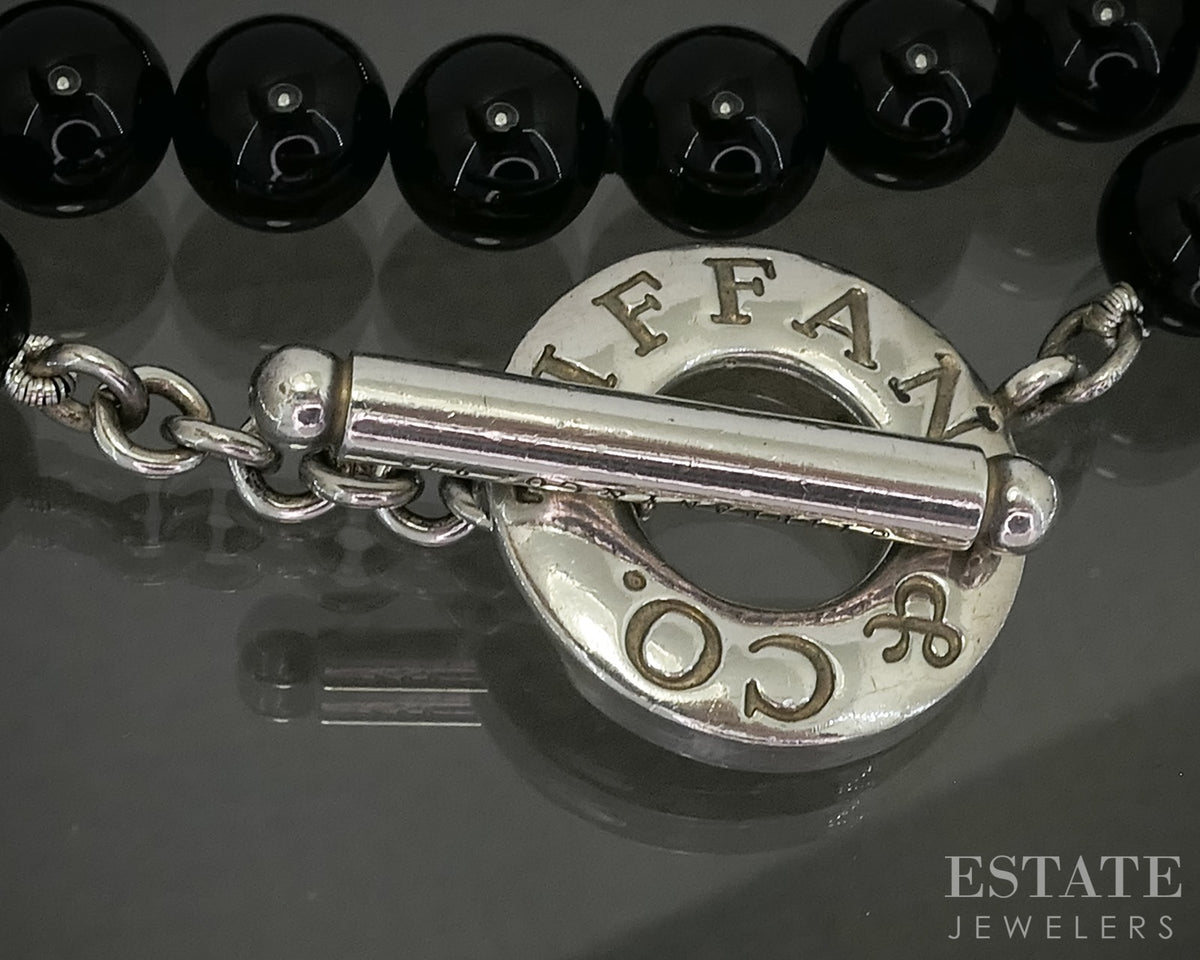 Sterling Tiffany & Co. 8mm Natural Black Onyx Beaded Toggle Necklace 17"L p30219
