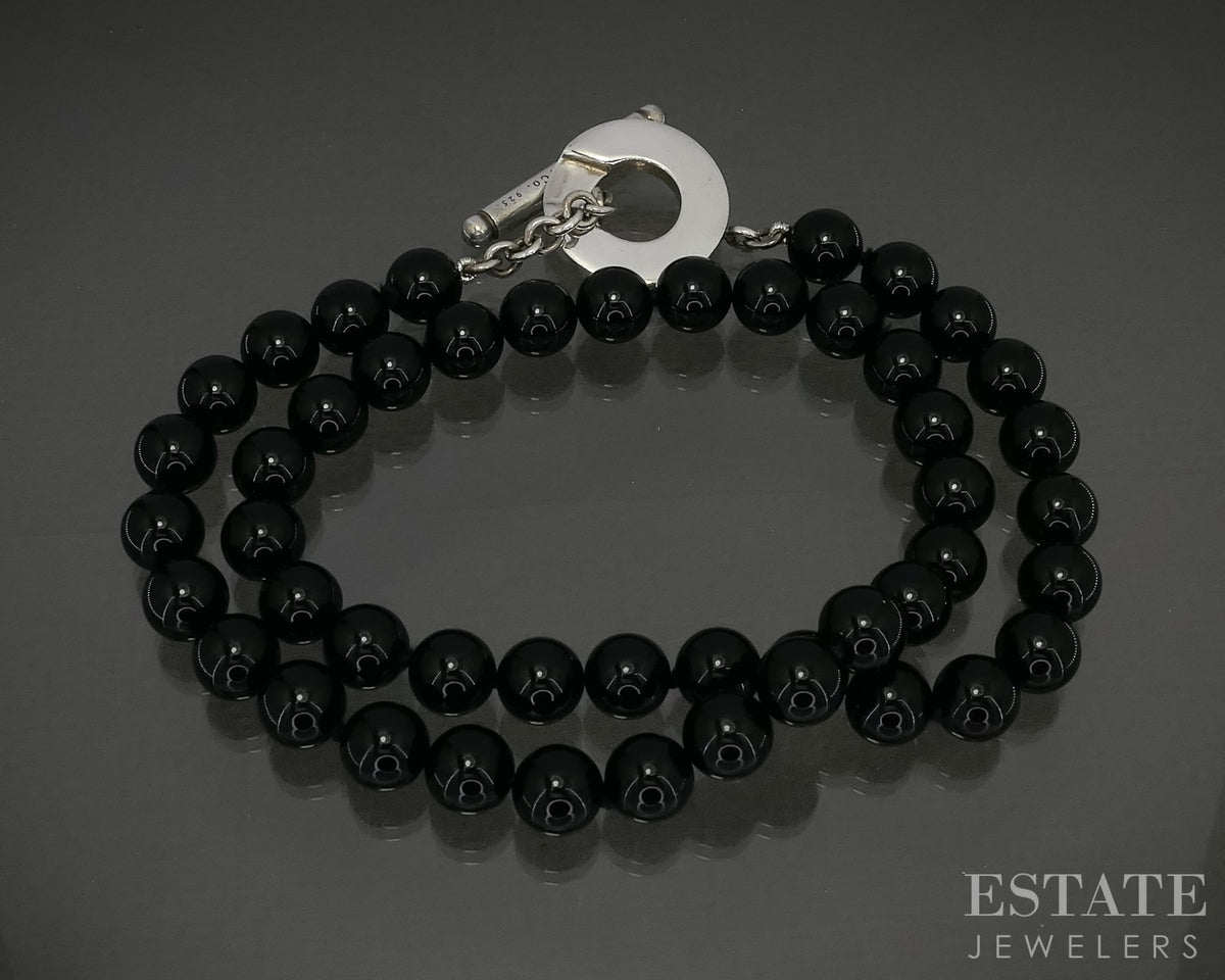 Sterling Tiffany & Co. 8mm Natural Black Onyx Beaded Toggle Necklace 17"L p30219