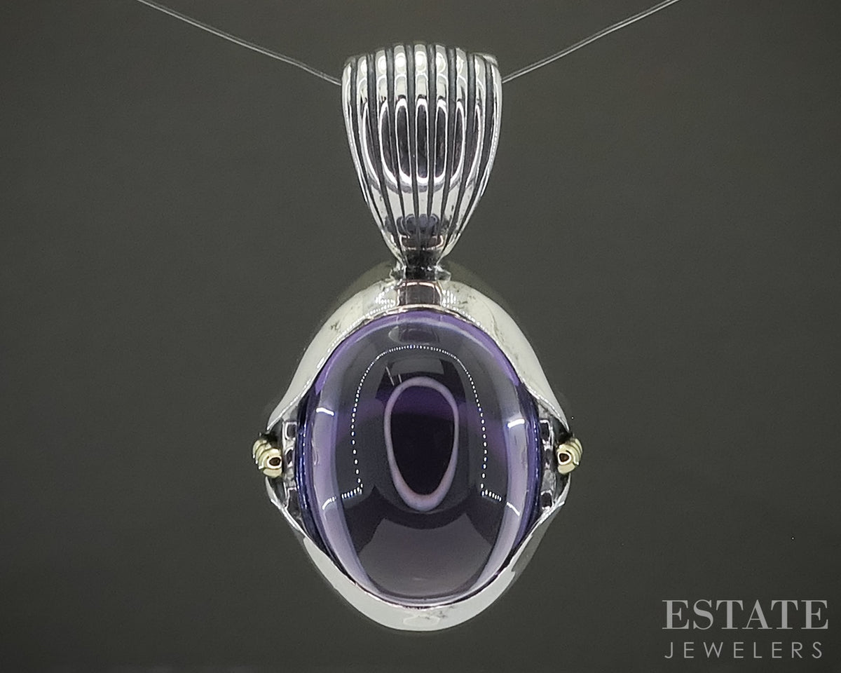 18k & Sterling Lagos Caviar Cabochon Natural Amethyst Pendant 18.4g p30019