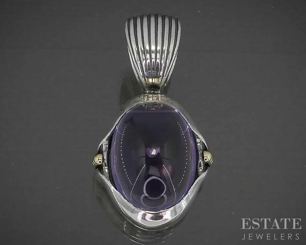 18k & Sterling Lagos Caviar Cabochon Natural Amethyst Pendant 18.4g p30019