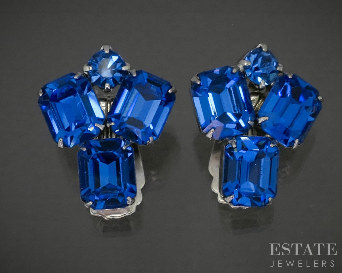 Vintage WEISS Blue Rhinestone Clip On Earrings p29873