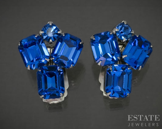 Vintage WEISS Blue Rhinestone Clip On Earrings p29873