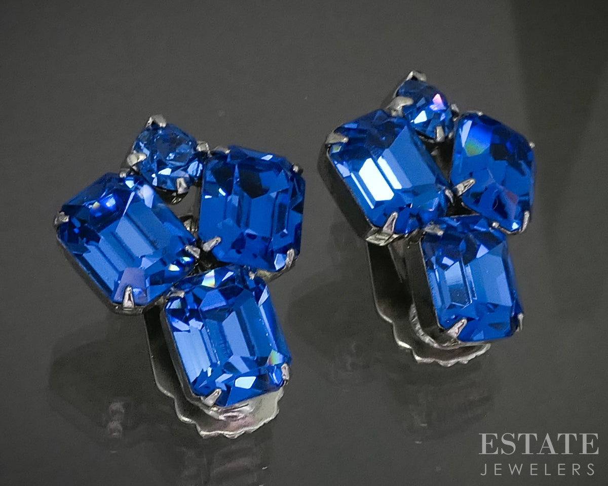 Vintage WEISS Blue Rhinestone Clip On Earrings p29873