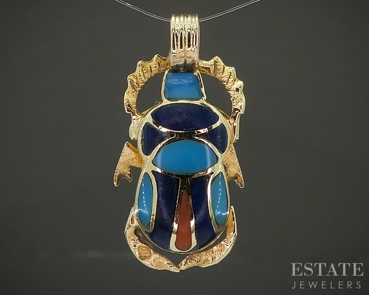 Vintage 18k Yellow Gold Egyptian Scarab Multi Gem Pendant 6.3g p29461