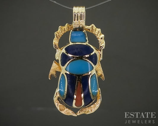 Vintage 18k Yellow Gold Egyptian Scarab Multi Gem Pendant 6.3g p29461