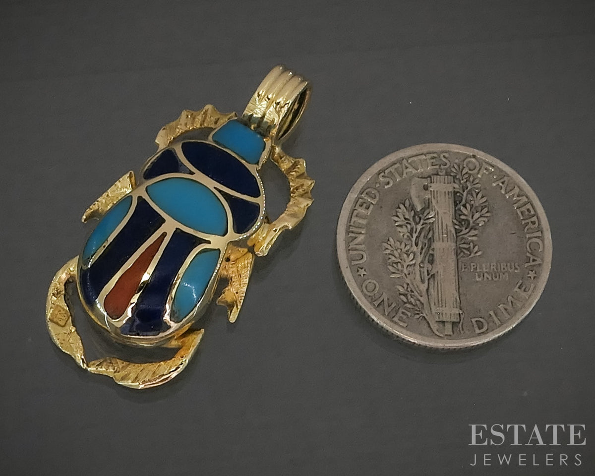 Vintage 18k Yellow Gold Egyptian Scarab Multi Gem Pendant 6.3g p29461